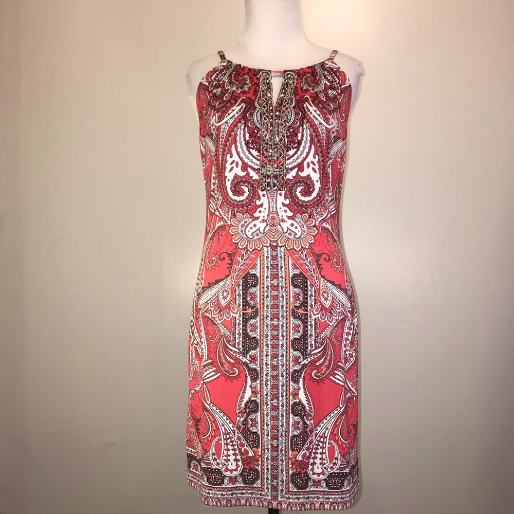 INC Coral Paisley Dress With Jeweled Front